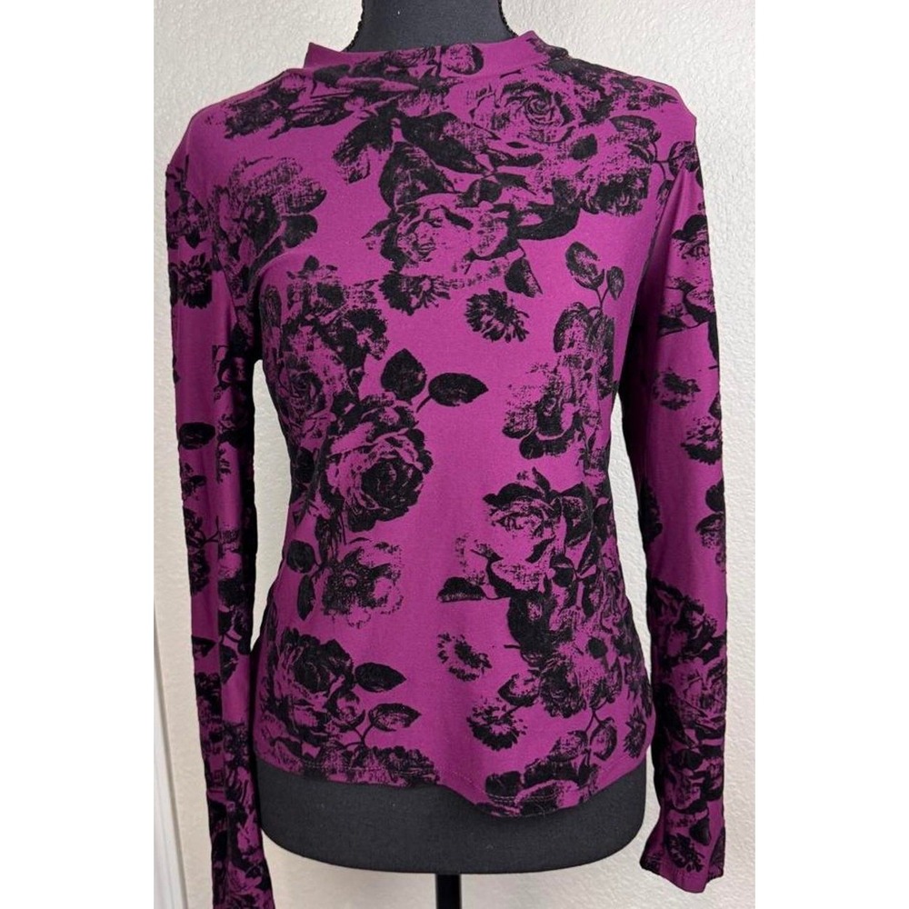 Mock Neck Floral Long Sleeve Top Berry Black Print Women's Slim Fit Layering Tee